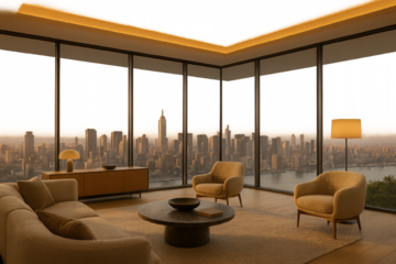 Elegant Corner Living Room with Panoramic City Skyline View – Luxury Interior Design with Floor-to-Ceiling Windows and Warm Ambient Lighting
