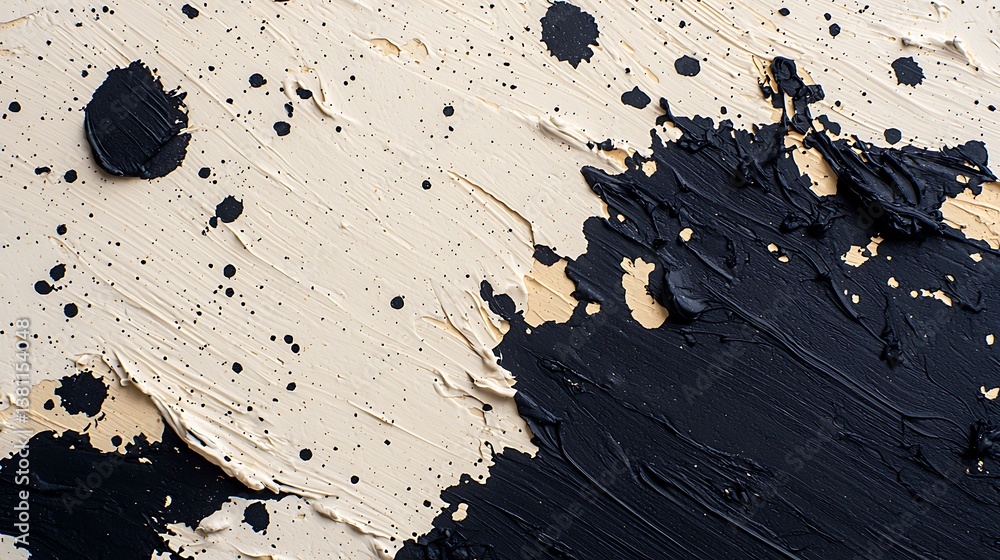 Poster abstract texture: black paint over light cream background with small scattered splatters and thick b