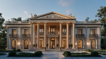 Fototapeta premium Majestic neoclassical grand exterior with towering Corinthian columns intricate stone carvings symmetrical facades and classical detailing reminiscent of ancient Greek and Roman architecture