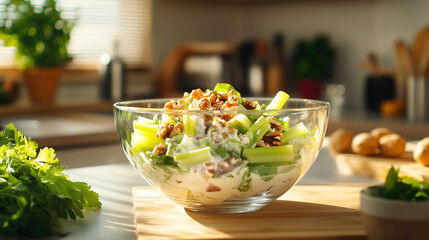 Waldorf salad with creamy dressing in a kitchen setting  