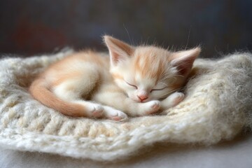 Fototapeta premium Adorable ginger kitten sleeping peacefully on cozy knitted blanket