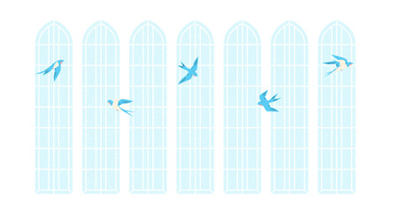 Flying swallows with high windows on a background