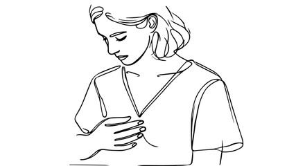 A minimalist continuous one-line drawing of a young woman performing a breast self-examination