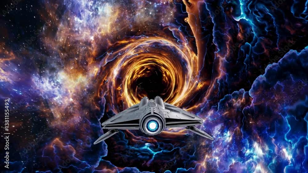 Poster a spaceship flies toward a swirling cosmic vortex, viewed from behind at a low angle, creating a dyn
