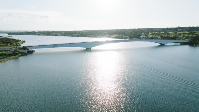Drone view of Honestino Guimaraees bridge over lake Paranoa in Brazil surrounded by green spaces