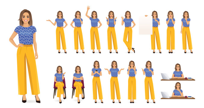 Big set of beautiful business woman wearing bright clothes in different poses. Various gestures female character standing and sitting at the desk. Isolated vector illustration