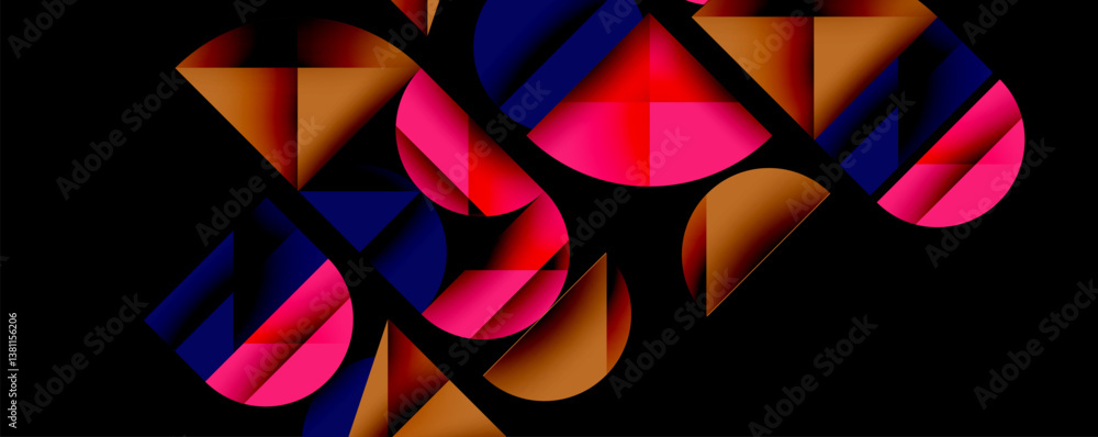 Poster Abstract shapes, vibrant colors, dark background. Overlapping forms create dynamic composition. Modern design, digital art, geometric patterns.