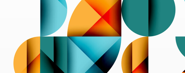 Abstract geometric composition. Overlapping circles, squares, triangles. Warm, cool colors blend. Modern design, clean lines, minimalist aesthetic. Bright, vibrant, dynamic.