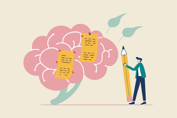 Idea memo, brainstorm or scrum sticky notes, productive plan, memory or task reminder, mind map for work arrangement, thought and wisdom concept, businessman write sticky notes on human brain.