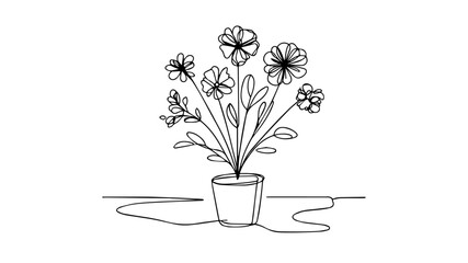 minimalist continuous one line drawing illustration of a flower bouquet in a pot