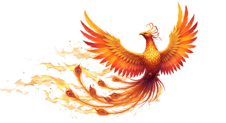 Fototapeta premium Flying Phoenix Illustration with Fiery Feathers on White Background