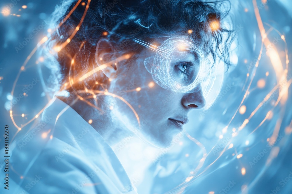 Poster scientist in lab coat exploring innovative concepts with glowing particles in a futuristic setting