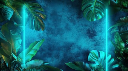 Naklejka premium Green and Blue Neon Light with Tropical Leaves