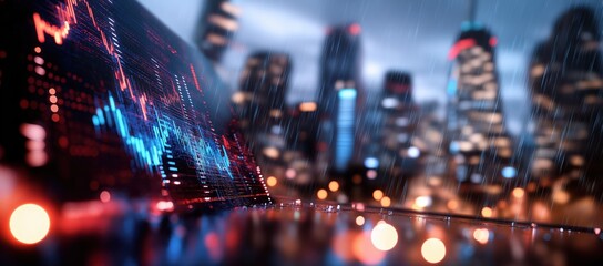A vibrant cityscape with rain, featuring a digital stock chart overlay, reflecting urban life and economic trends.