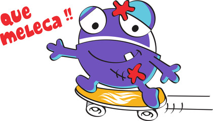 Funny purple monster skateboarding with a big smile on a yellow board