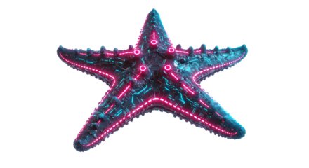 Futuristic Starfish with Glowing Neon Lines and Tech Details on White
