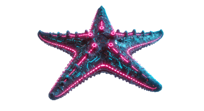 Futuristic Starfish with Glowing Neon Lines and Tech Details on White