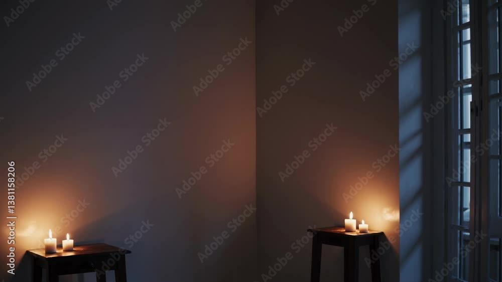 Poster moody video scene with a low-angle view of two candlelit tables against a dimly lit corner, creating