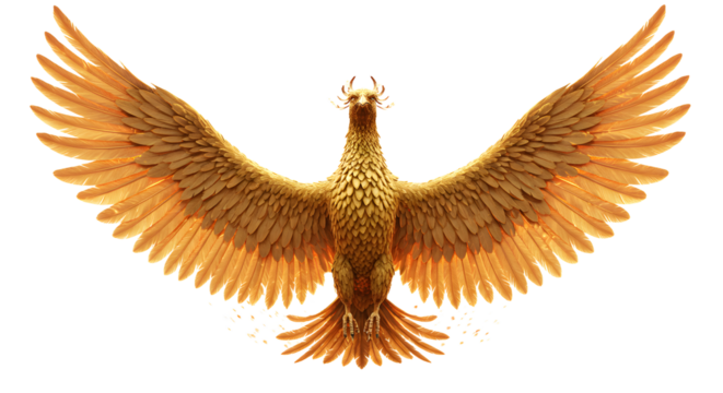 Golden Bird Spreading Wings Wide on White Background Illustration