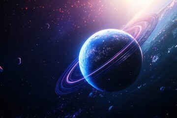 Planet with rings surrounded by celestial bodies in a vibrant cosmic landscape