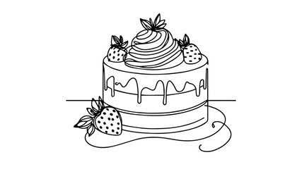minimalist continuous one line drawing illustration of a realistic cake