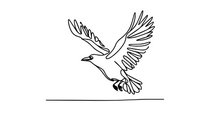minimalist continuous one line drawing illustration of a realistic crow flying using one continuous line 