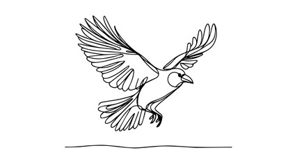 minimalist continuous one line drawing illustration of a realistic crow flying 