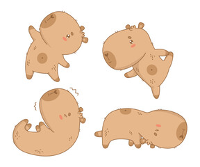 Cute capybara sportsman collection. Funny isolated Character  kawaii animal plays sports and stretching on white background. Vector illustration