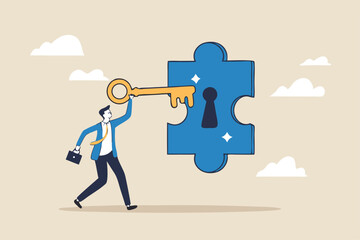 Turnkey solution complete ready to use product, open opportunity to solve customer problem, unlock potential to success, software or platform concept, businessman turn key into jigsaw puzzle keyhole.