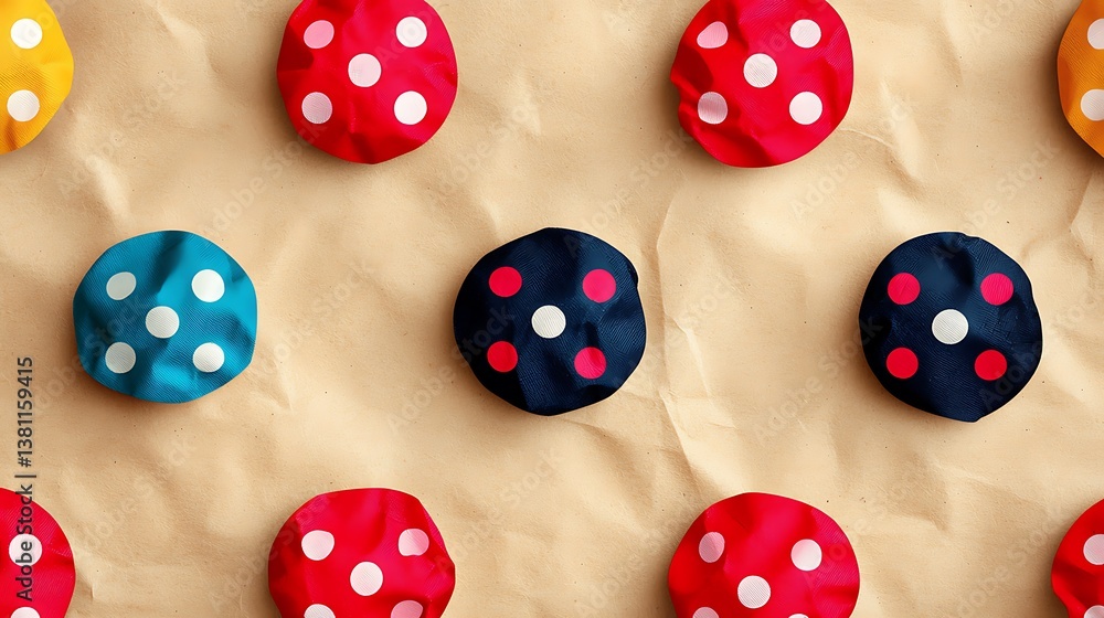 Poster Colorful Spotted Circle Objects on Textured Paper Background Creating a Whimsical and Playful Arrangement.