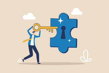 Turnkey solution complete ready to use product, open opportunity to solve customer problem, unlock potential to success, software or platform concept, businessman turn key into jigsaw puzzle keyhole.