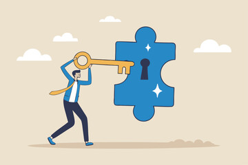 Turnkey solution complete ready to use product, open opportunity to solve customer problem, unlock potential to success, software or platform concept, businessman turn key into jigsaw puzzle keyhole.