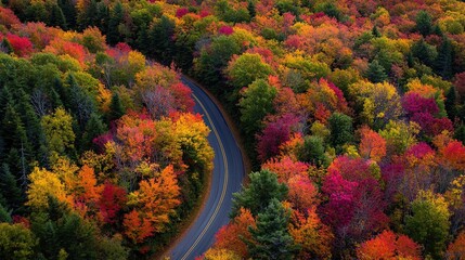 Obraz premium Curving road cutting through vibrant autumn forest filled with colorful foliage in peak fall season