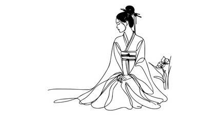 chinese woman in a traditional outfit one continuous line illustration
