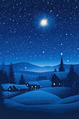 Fototapeta premium Peaceful snowy village at night under starry sky with glowing star shining over quiet winter landscape