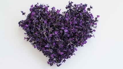 Heart shaped arrangement of fresh lavender flowers on white background, love symbol, greeting card