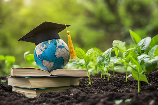 Global education and environmental learning concept with graduation cap on Earth globe, books in soil, and green plants symbolizing sustainability, growth, and knowledge

