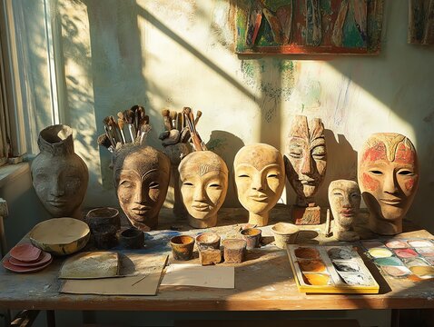 Artist Studio with Clay Masks, Pottery, and Art Supplies in Sunlight