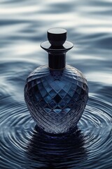 Dark-Blue Geometric Perfume Bottle on Rippling Water Surface