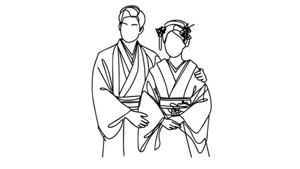 Japanese couple in a traditional outfit one line drawing