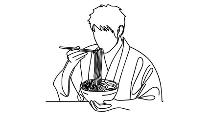 minimalist continuous one line drawing illustration of a realistic full body Japanese man in a traditional outfit eating ramen