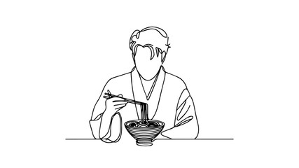 Japanese man in a traditional outfit eating ramen one line drawing portrait