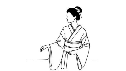 continuous one line drawing illustration of a japanese woman in a kimono portrait