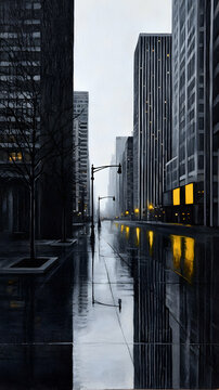 Fototapeta Rainy City Street at Night with Building Reflections