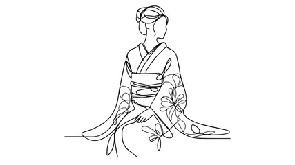 continuous one line drawing illustration of a realistic  Japanese woman in a kimono