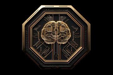 Futuristic AI brain chip with gold circuits on black background symbolizing artificial intelligence, machine learning, neural networks, digital innovation, and smart technology