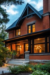 An elegant brick house, showcasing large windows and intricate architectural details, is beautifully framed by lush greenery as twilight sets in