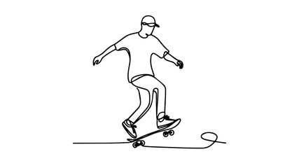 minimalist continuous one line drawing illustration of a realistic full body of a boy skateboarding using one continuous line on a white background2 © Ibrahim