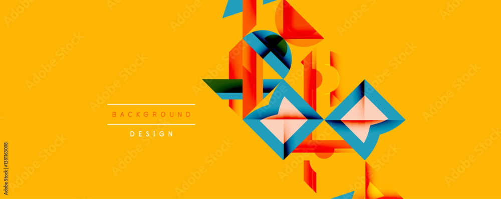 Poster Bright geometric shapes overlap on vibrant yellow background. Modern design features sharp angles, bold colors, dynamic composition. Minimalist aesthetic.
