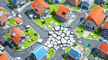 Obraz premium An aerial view of a vibrant neighborhood with colorful houses and a cracked roundabout in the center.